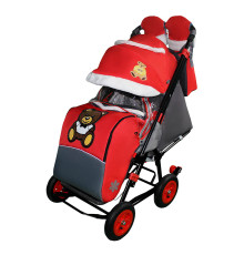 Санки-коляска SNOW GALAXY City-1-1 Мишка с бабочкой на красном на больших колёсах+сумка+варежки