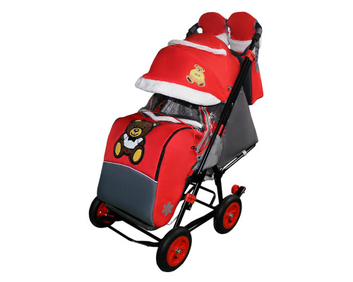 Санки-коляска SNOW GALAXY City-1-1 Мишка с бабочкой на красном на больших колёсах+сумка+варежки